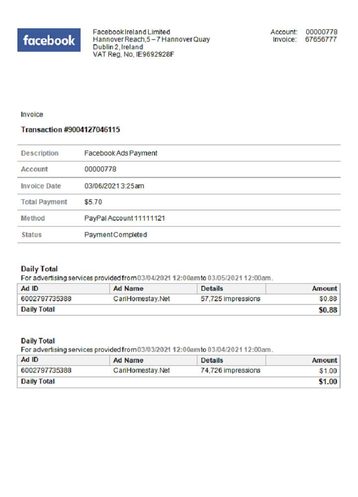 USA Facebook invoice PSD template